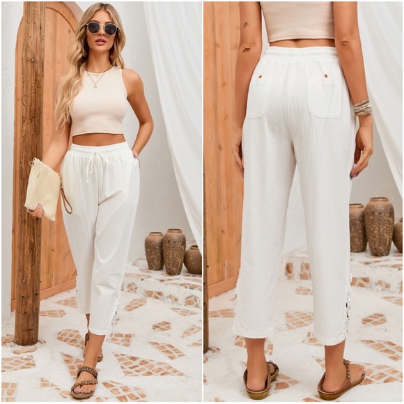 080 White Lace Detail Pockets Cotton Pants - Picture 2 of 6